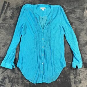 Kim Rogers Blue Crinkle Button Front Tunic Blouse Rayon Small
